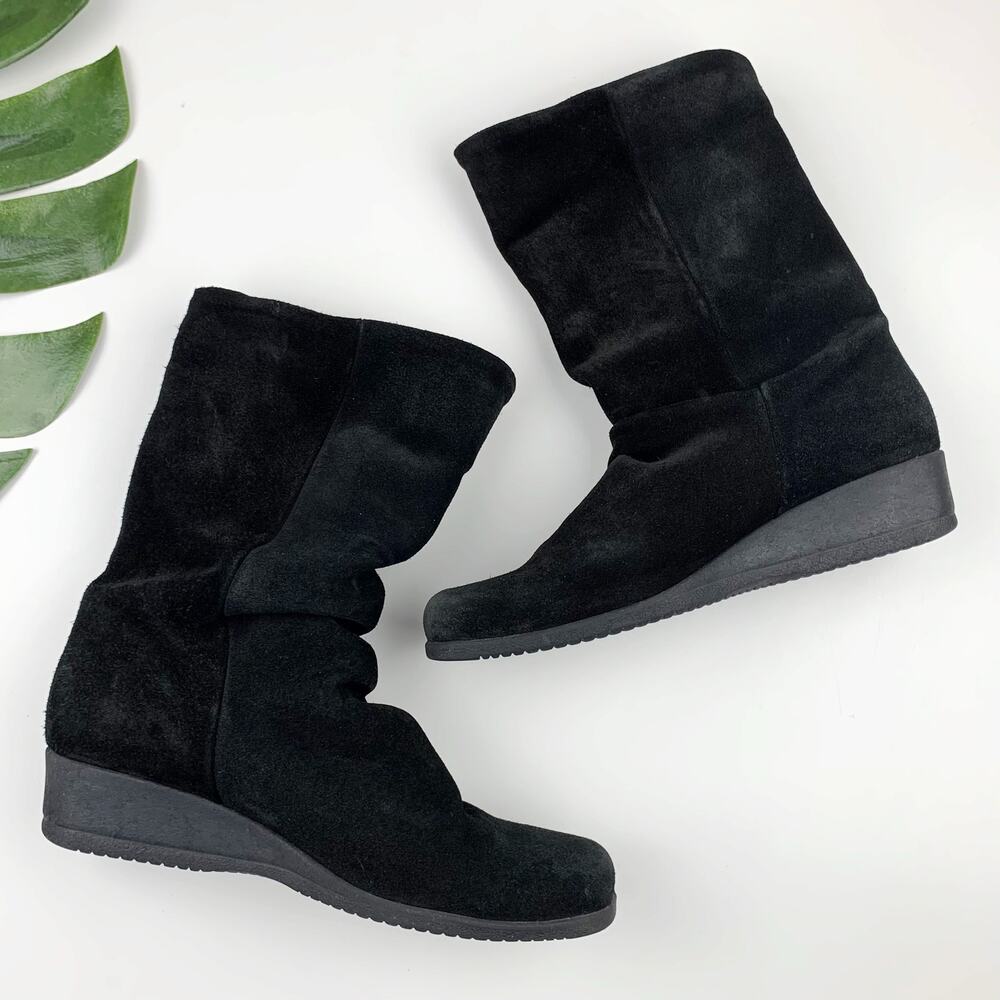 La Canadienne Boots Short Black Suede Foldover Top Square Toe Wedge Women's 9